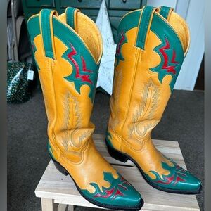 Ben Miller Cowboy Boots Mustard Teal Sz 8